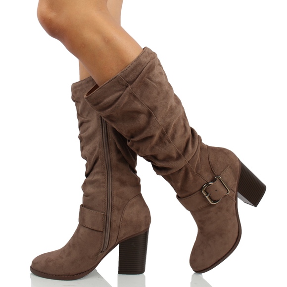 Taupe Faux Suede Slouchy Stacked Heel Knee High Bo - Picture 4 of 6